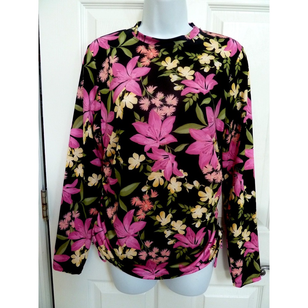 Hurley Women Rashguard Swim Top M Floral Cinched Sides Long Sleeve UPF 50+ Black
